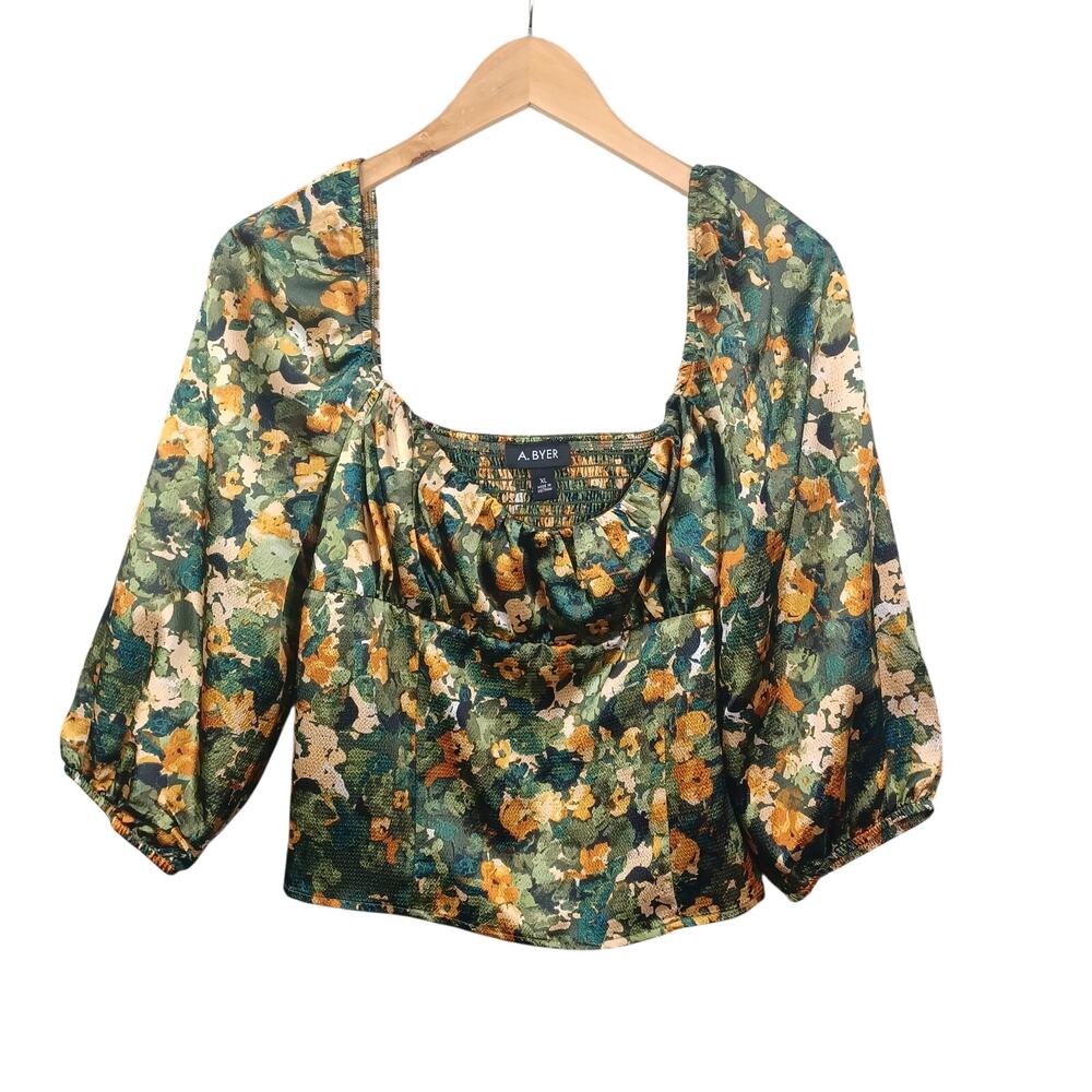 A. BYER Floral Y2K Puff Sleeve Babydoll Top XL Green Smocked Fairy Cottagecore